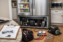 Technician inspecting a modern refurbished refrigerator in a bright kitchen setting with repair tools nearby