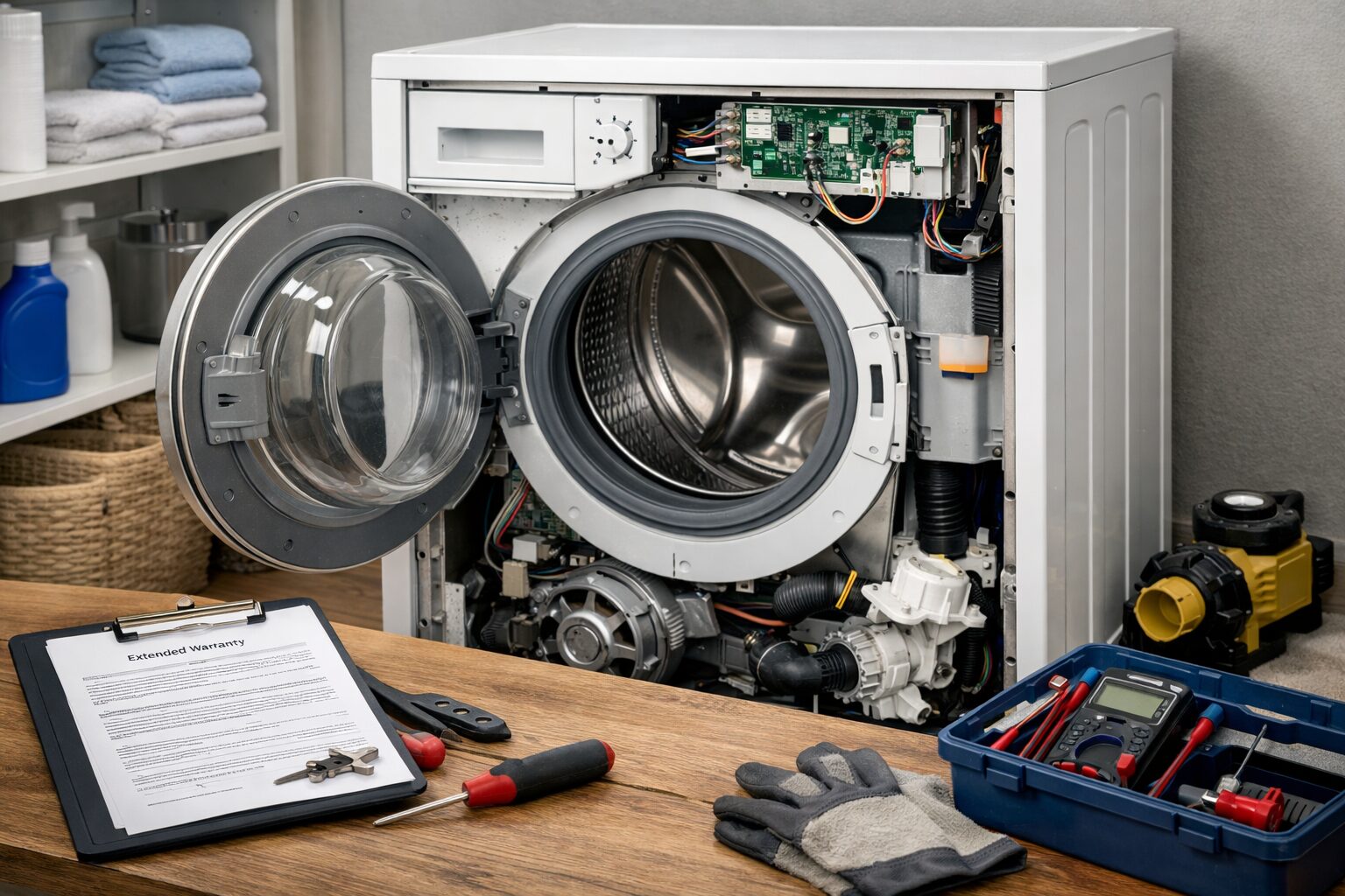 technician inspecting a refurbished washing machine in a modern laundry room with repair tools nearby