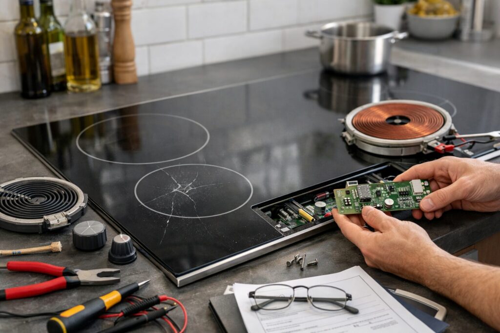 Technician inspecting a modern cooktop in a bright kitchen preparing for repair or replacement of parts