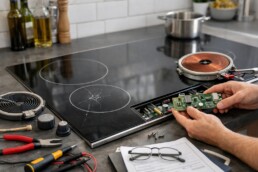 Technician inspecting a modern cooktop in a bright kitchen preparing for repair or replacement of parts