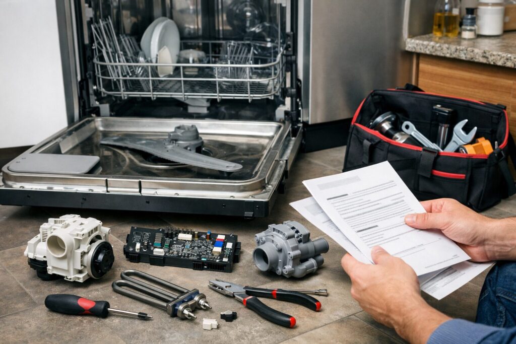 Dishwasher door open with visible interior parts and repair tools on a modern kitchen counter nearby