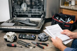 Dishwasher door open with visible interior parts and repair tools on a modern kitchen counter nearby