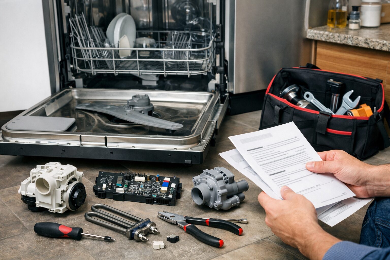 Dishwasher door open with visible interior parts and repair tools on a modern kitchen counter nearby