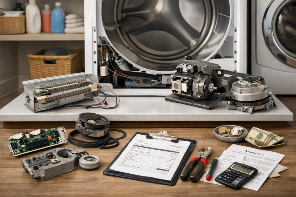 technician inspecting dryer parts in a modern laundry room with repair tools nearby and natural lighting