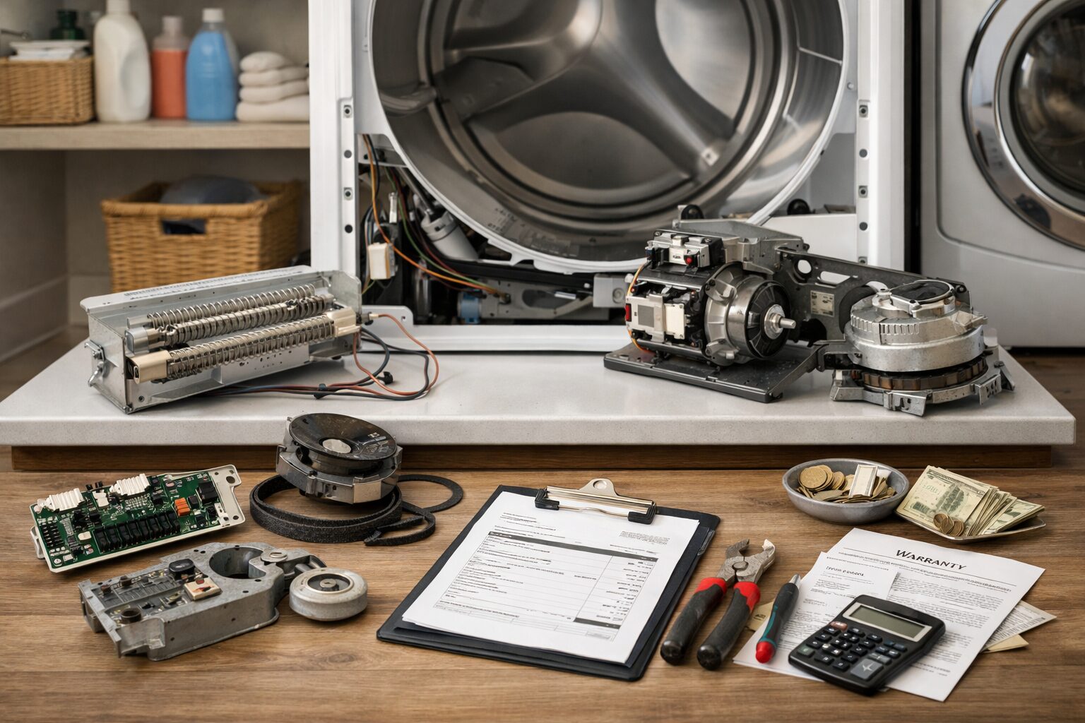 technician inspecting dryer parts in a modern laundry room with repair tools nearby and natural lighting
