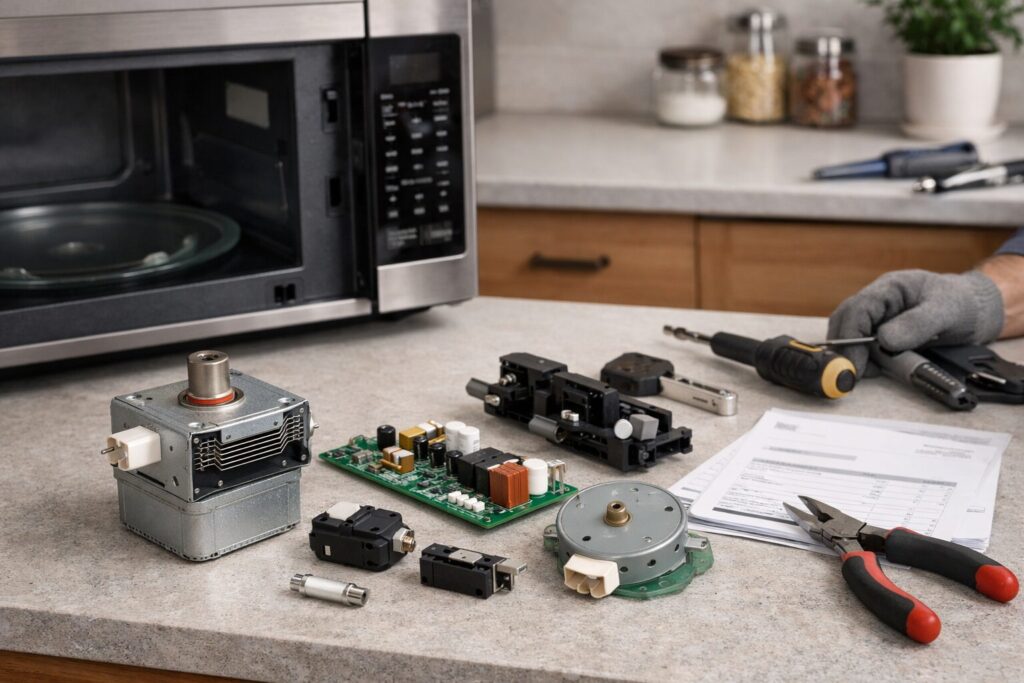 technician inspecting microwave oven control panel with tools in modern kitchen repair setting