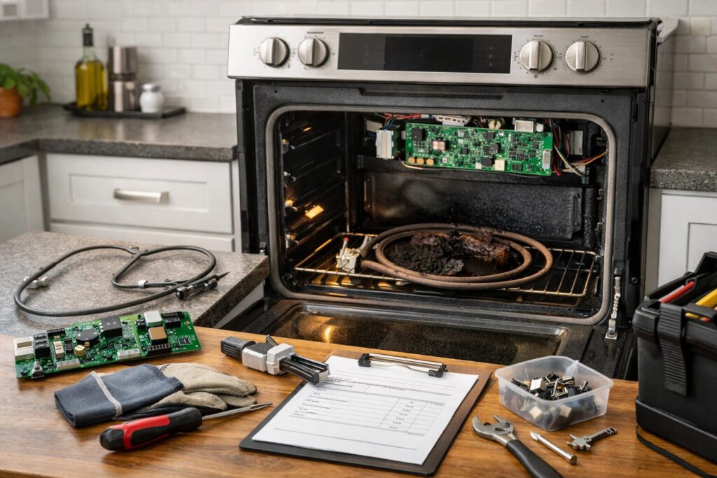 technician inspecting oven heating element with tools in a modern kitchen repair setting
