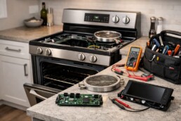 technician inspecting range control panel with repair tools in modern kitchen environment