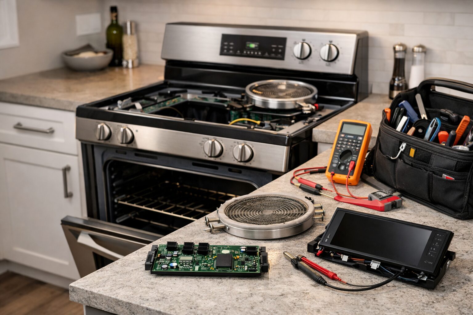 technician inspecting range control panel with repair tools in modern kitchen environment