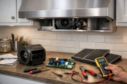 technician inspecting and repairing a modern stainless steel range hood in a clean residential kitchen environment
