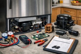 Technician inspecting refrigerator compressor in modern kitchen with repair tools on counter nearby