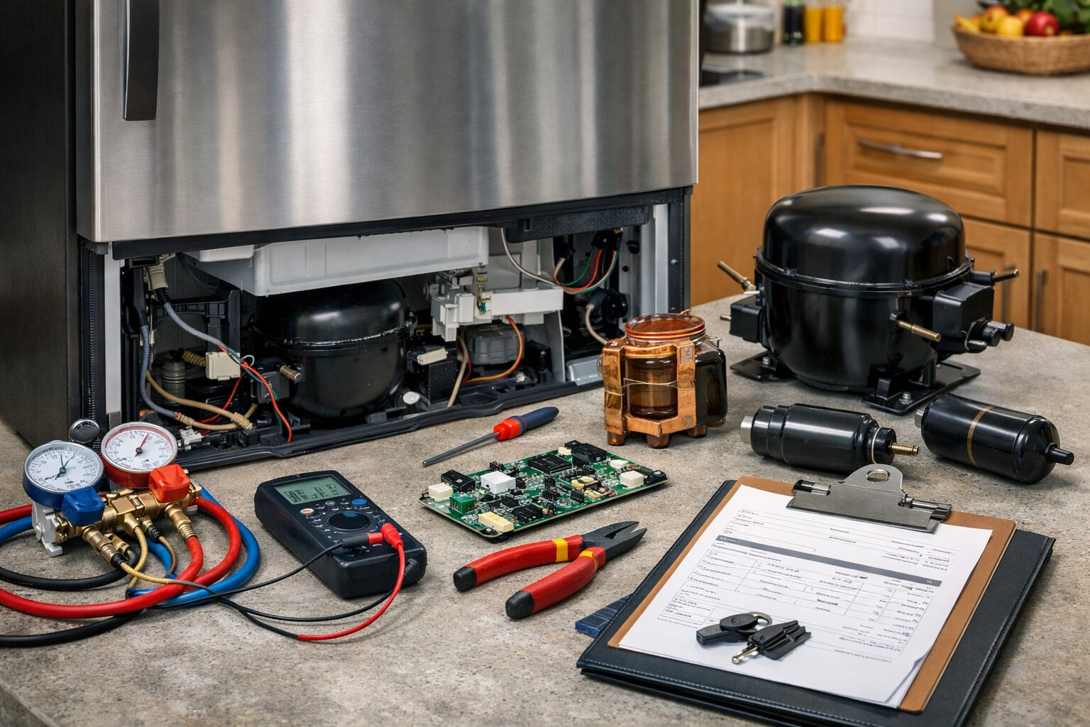 Technician inspecting refrigerator compressor in modern kitchen with repair tools on counter nearby