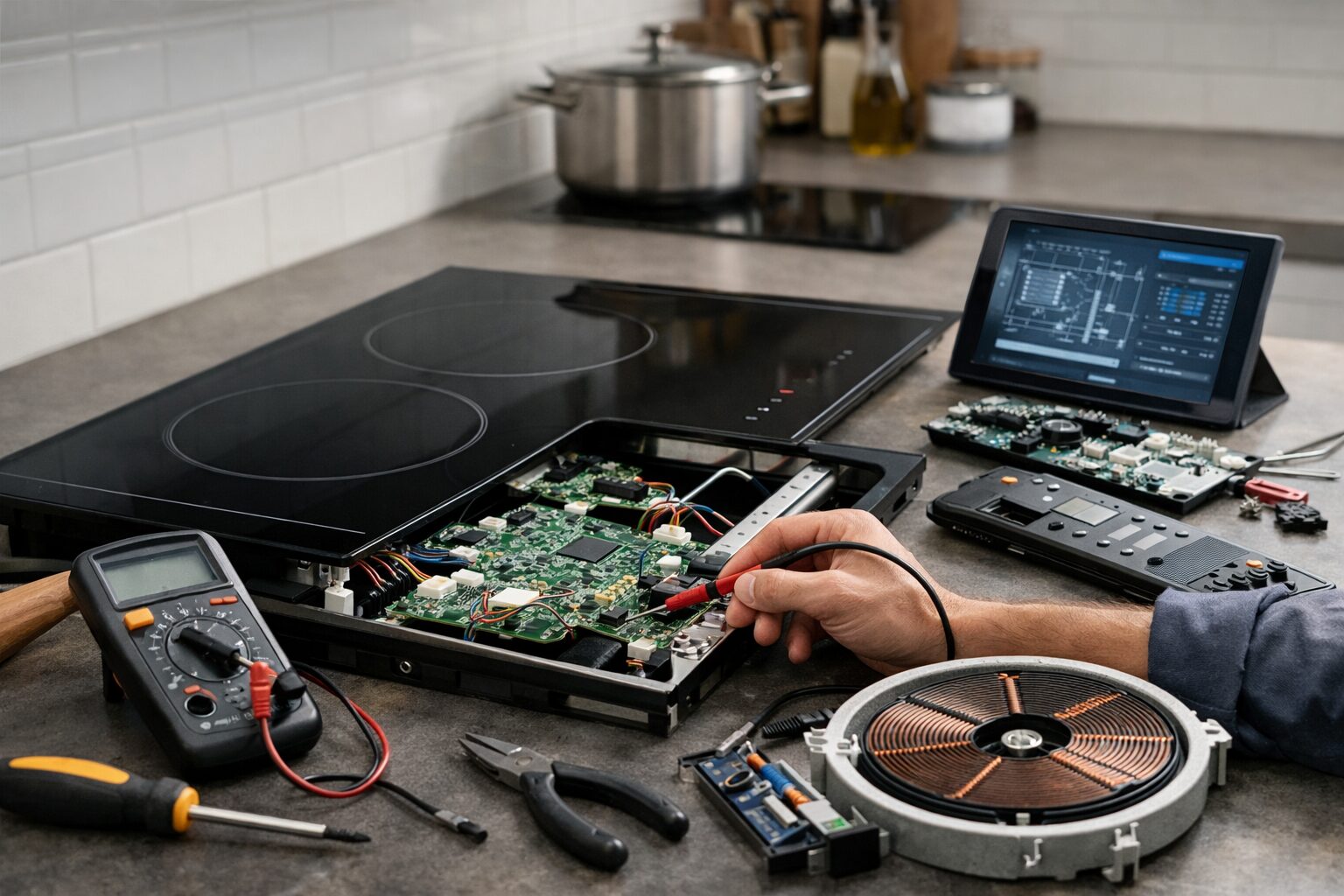Technician repairing a smart cooktop in a modern kitchen with diagnostic tools and visible control panel components