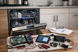 Technician repairing a smart dishwasher control panel in a modern kitchen with repair tools nearby
