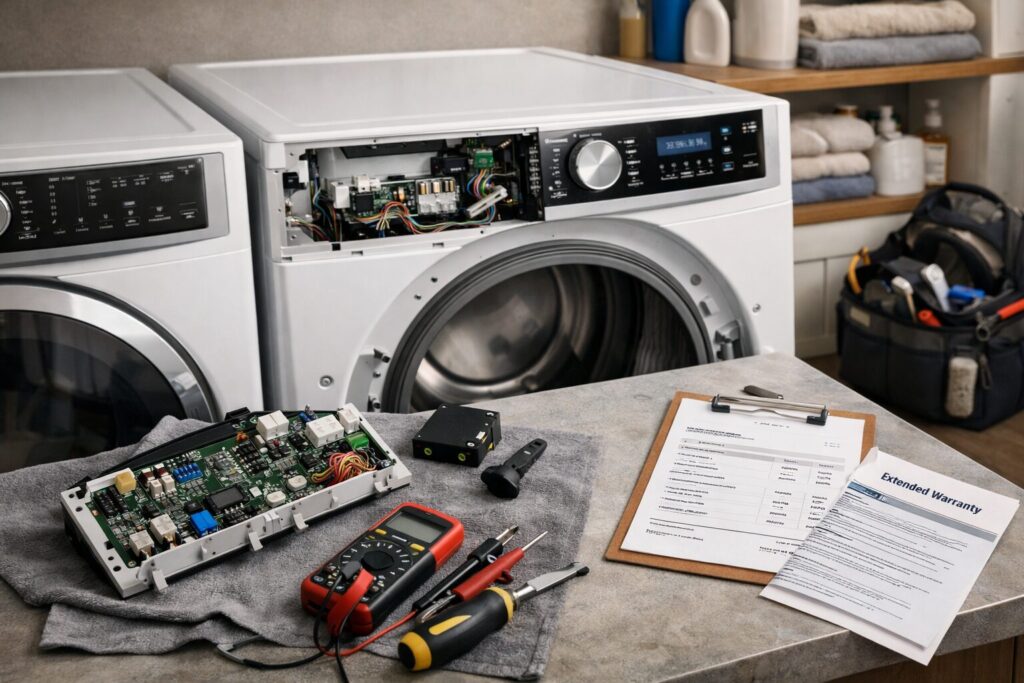 technician repairing smart dryer control panel in modern laundry room with tools and diagnostic device nearby