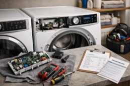 technician repairing smart dryer control panel in modern laundry room with tools and diagnostic device nearby