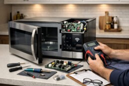 technician repairing a smart microwave control panel in a modern kitchen with repair tools on the counter