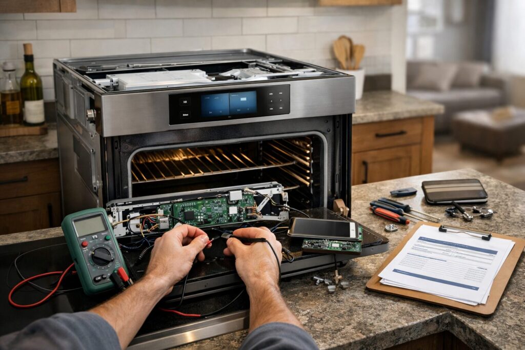 Technician repairing a smart oven control panel in a modern kitchen with repair tools on the counter nearby