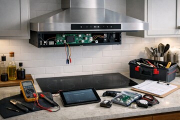 Technician repairing a smart range hood control panel in a modern kitchen with natural lighting and repair tools visible