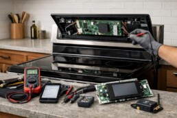 Technician repairing a smart range control panel in a modern kitchen with repair tools and diagnostic device nearby