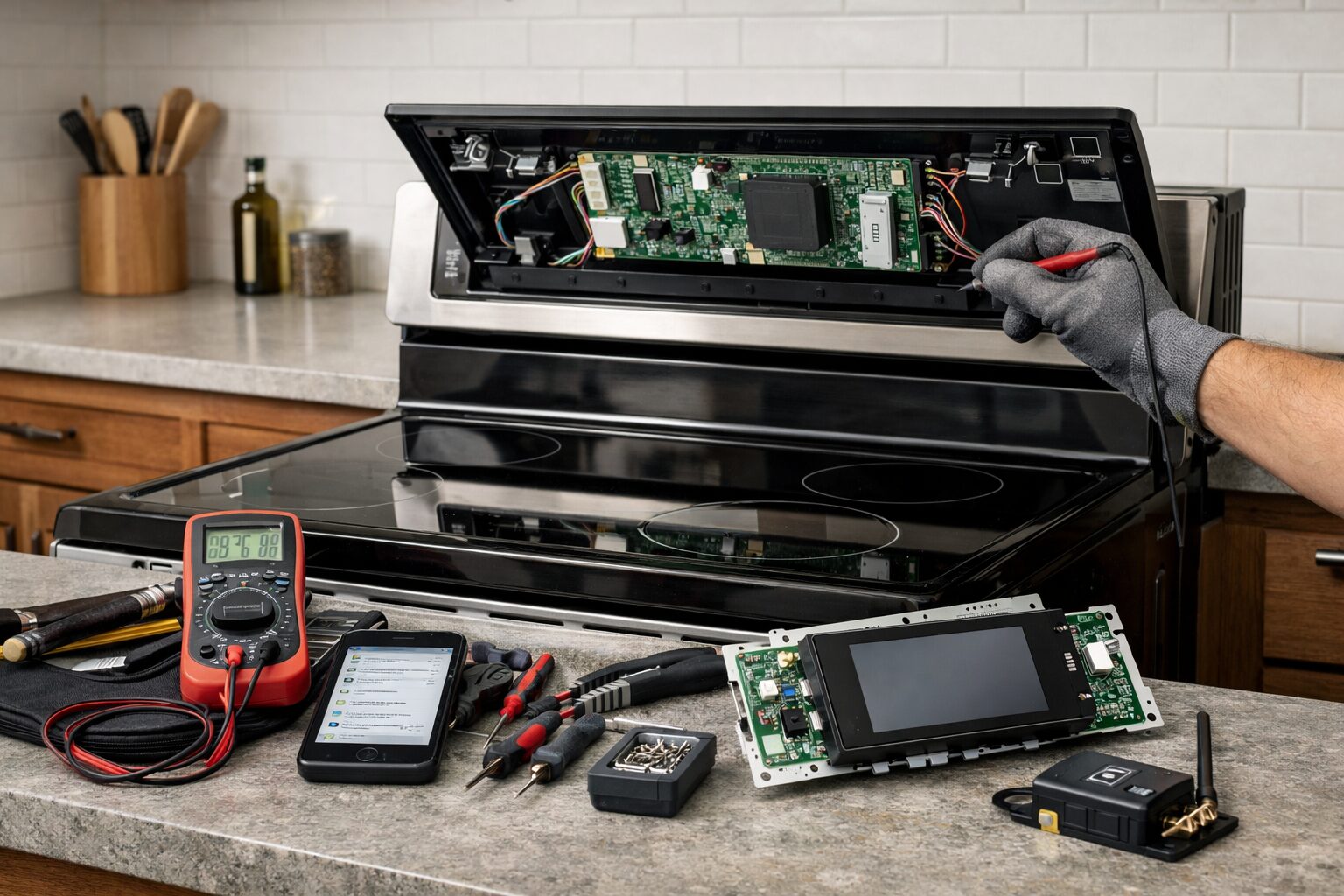 Technician repairing a smart range control panel in a modern kitchen with repair tools and diagnostic device nearby