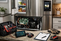 Technician diagnosing a modern smart refrigerator in a clean kitchen with repair tools on a countertop nearby