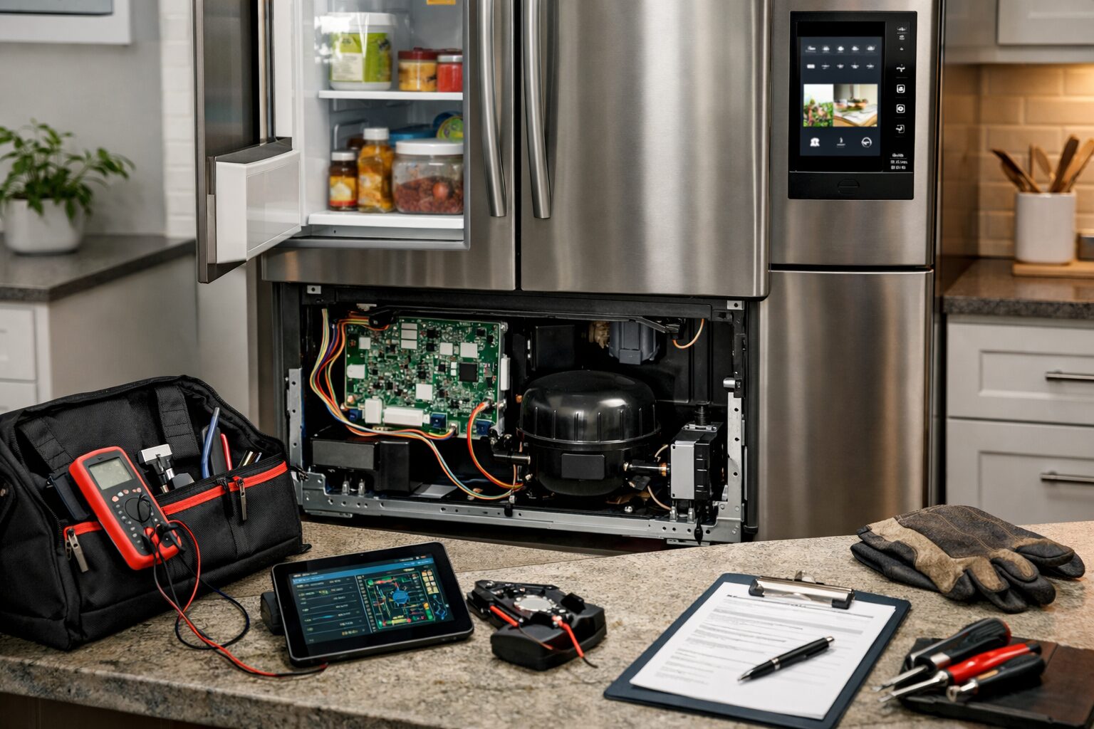 Technician diagnosing a modern smart refrigerator in a clean kitchen with repair tools on a countertop nearby