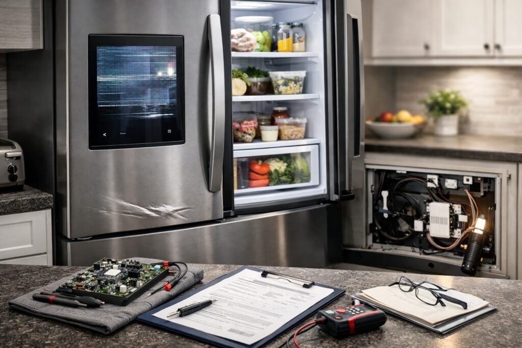 Technician inspecting a smart refrigerator with visible scratches in a modern kitchen setting