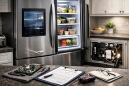 Technician inspecting a smart refrigerator with visible scratches in a modern kitchen setting
