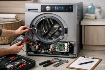 Technician repairing a smart washing machine in a modern laundry room with tools and diagnostic equipment nearby