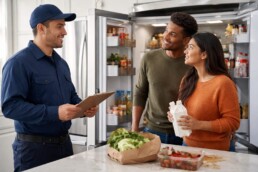 multicultural family in modern kitchen discussing appliance warranty with technician near refrigerator and washer dryer