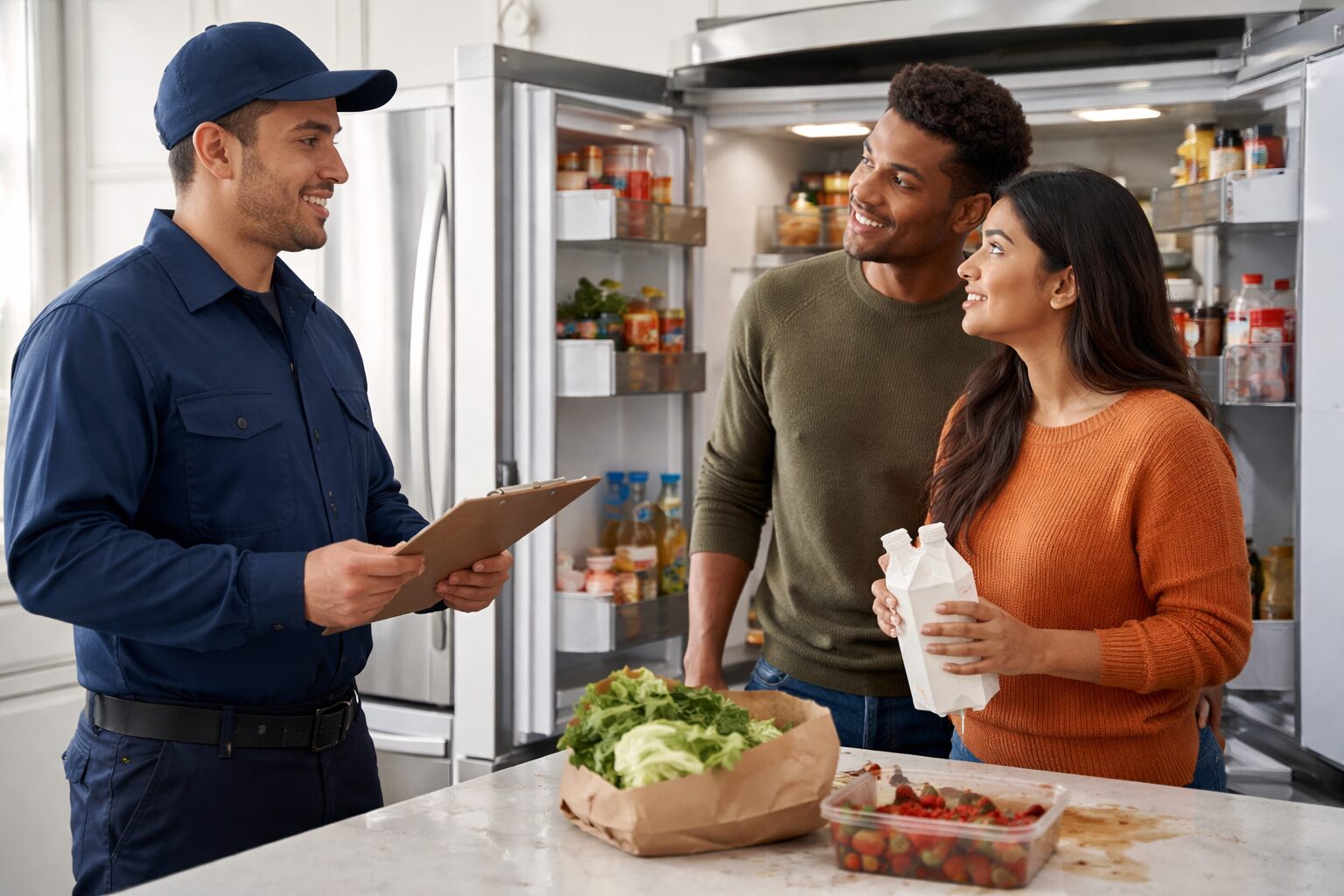 multicultural family in modern kitchen discussing appliance warranty with technician near refrigerator and washer dryer