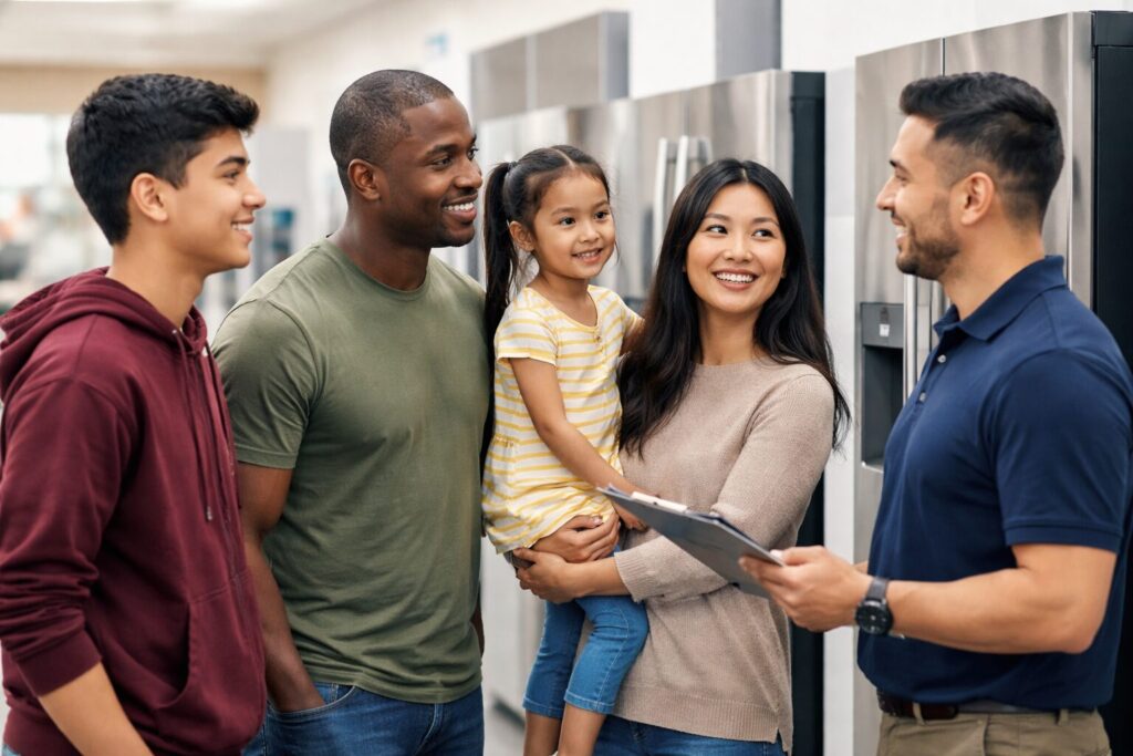 Multicultural family unpacking a new appliance in a modern kitchen with a smiling sales associate nearby