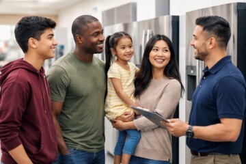 Multicultural family unpacking a new appliance in a modern kitchen with a smiling sales associate nearby