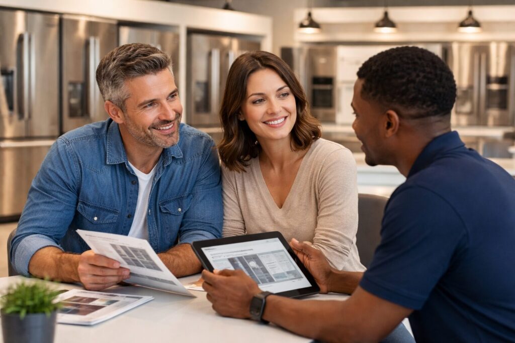 couple discussing appliance warranty options with sales associate in modern appliance showroom
