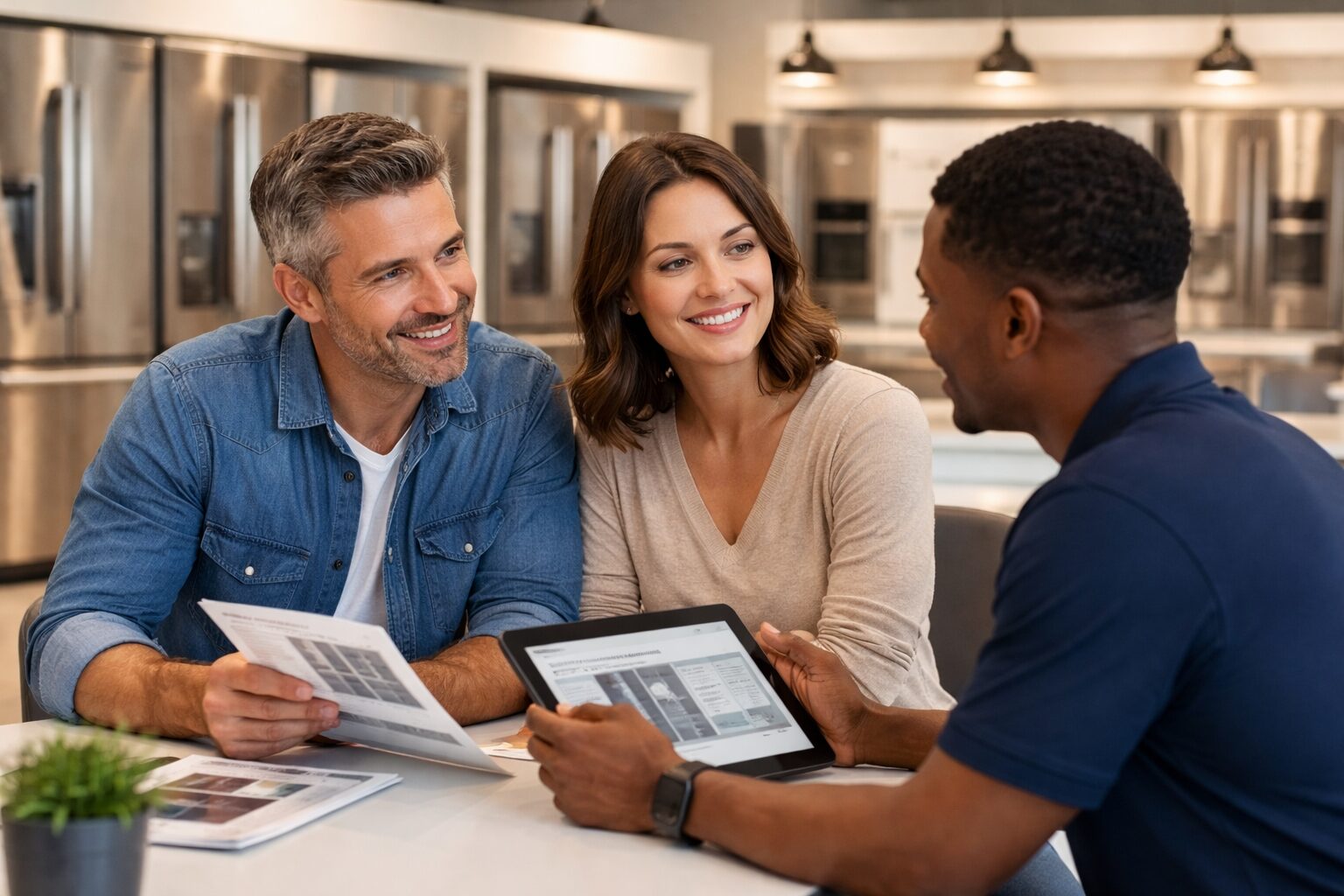 couple discussing appliance warranty options with sales associate in modern appliance showroom