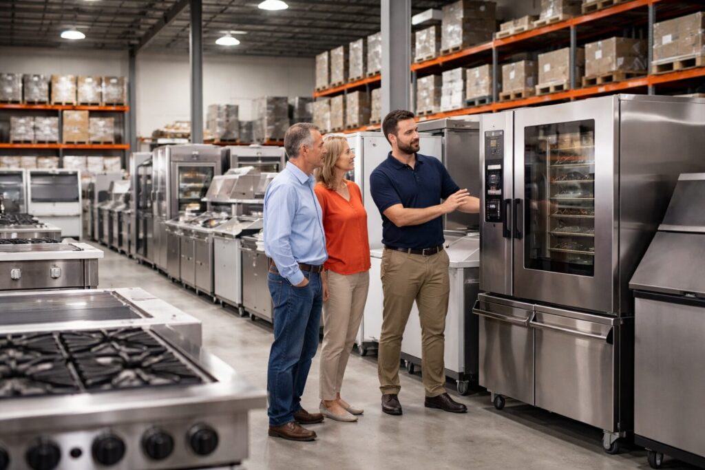 commercial equipment showroom with staff assisting customers evaluating modern appliances and equipment on display