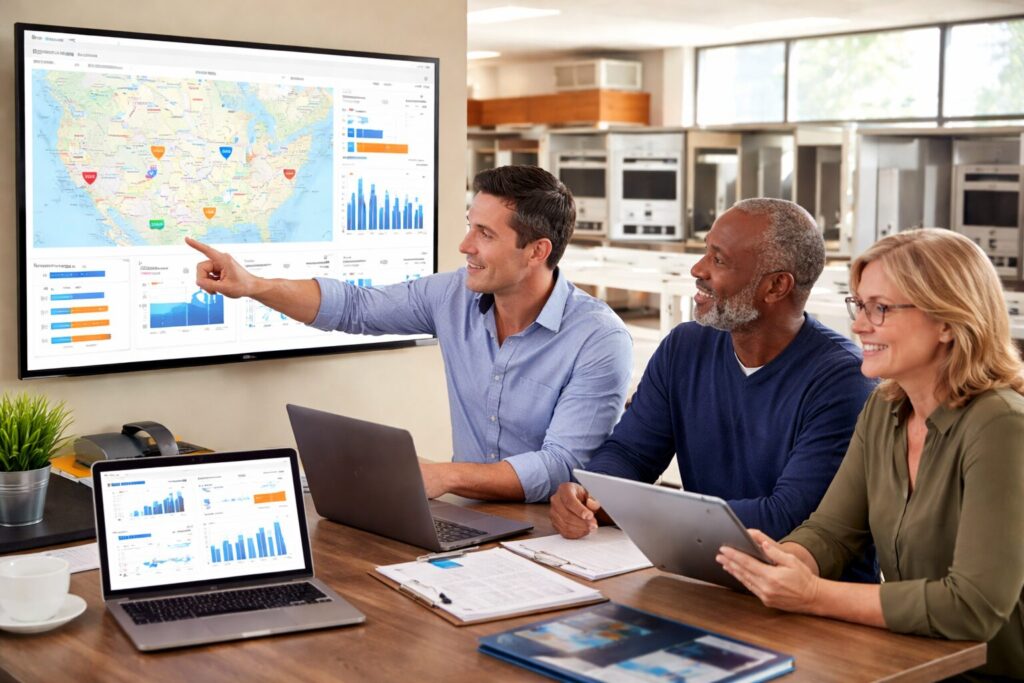Appliance store manager reviewing warranty documents with technician in modern showroom surrounded by appliances