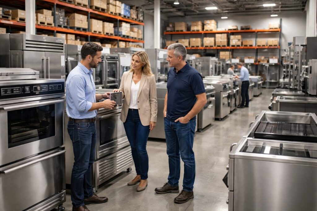 commercial appliance showroom with staff assisting customers and rows of modern equipment on display in a bright space