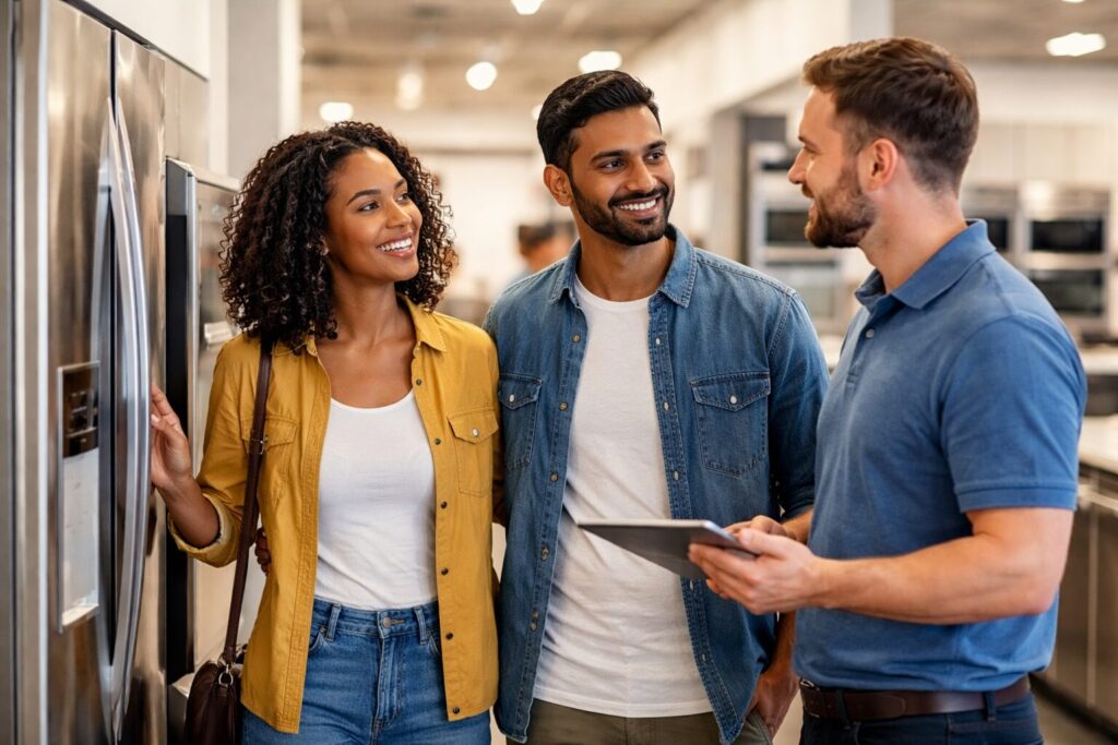 Diverse group of customers and sales associates interacting naturally in a modern appliance showroom with various appliances