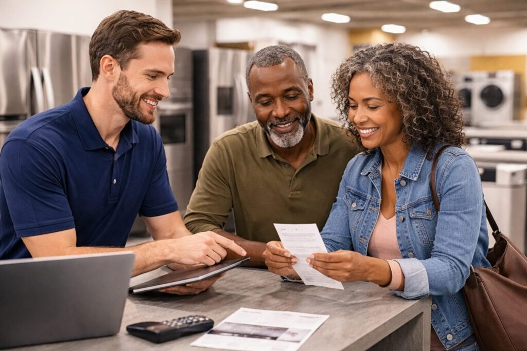 Appliance sales associate handing a receipt to a smiling middle-aged couple in a modern appliance showroom
