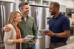 Appliance sales associate assisting a middle-aged couple in a modern showroom with kitchen appliances on display