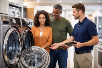 Homeowner discussing appliance warranty options with sales associate in a modern appliance showroom