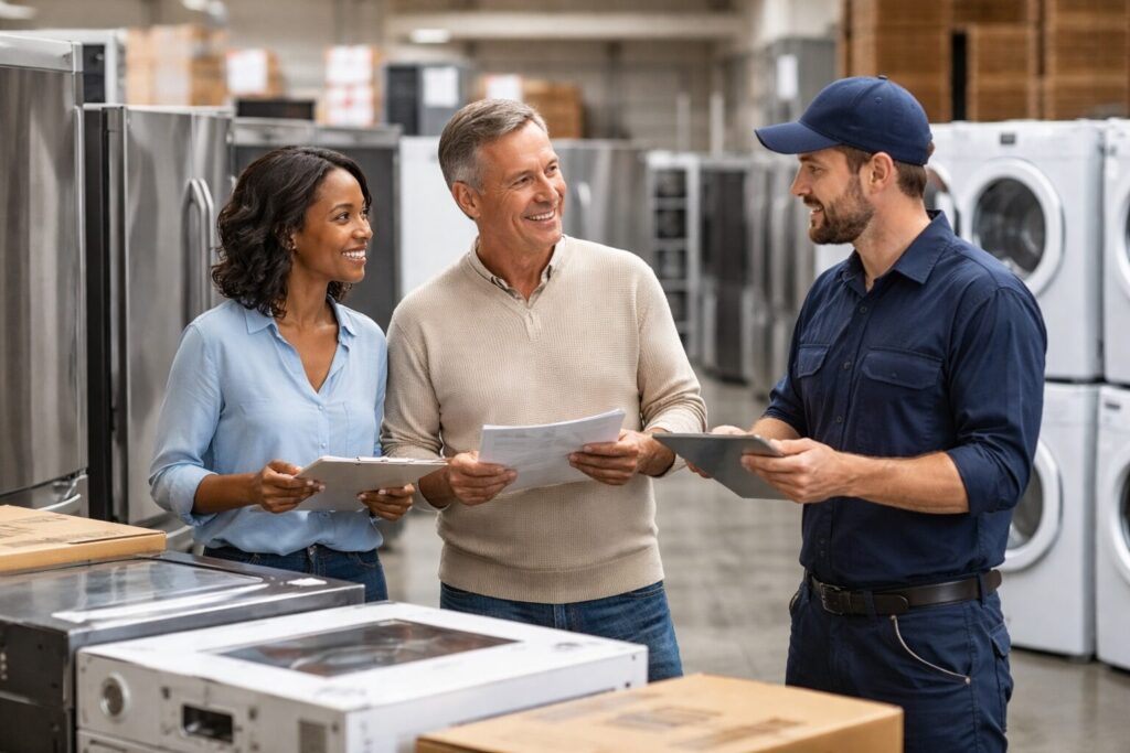 Appliance sales associate assisting a couple reviewing warranty options in a modern appliance showroom with various