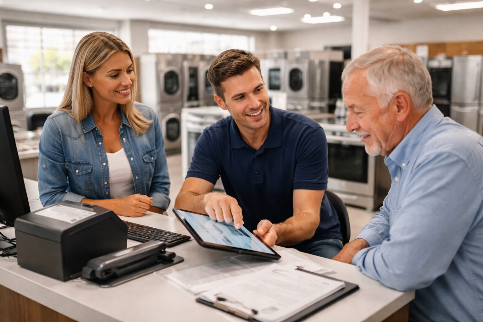 Appliance sales associate assisting a middle-aged couple with warranty options in a modern appliance showroom
