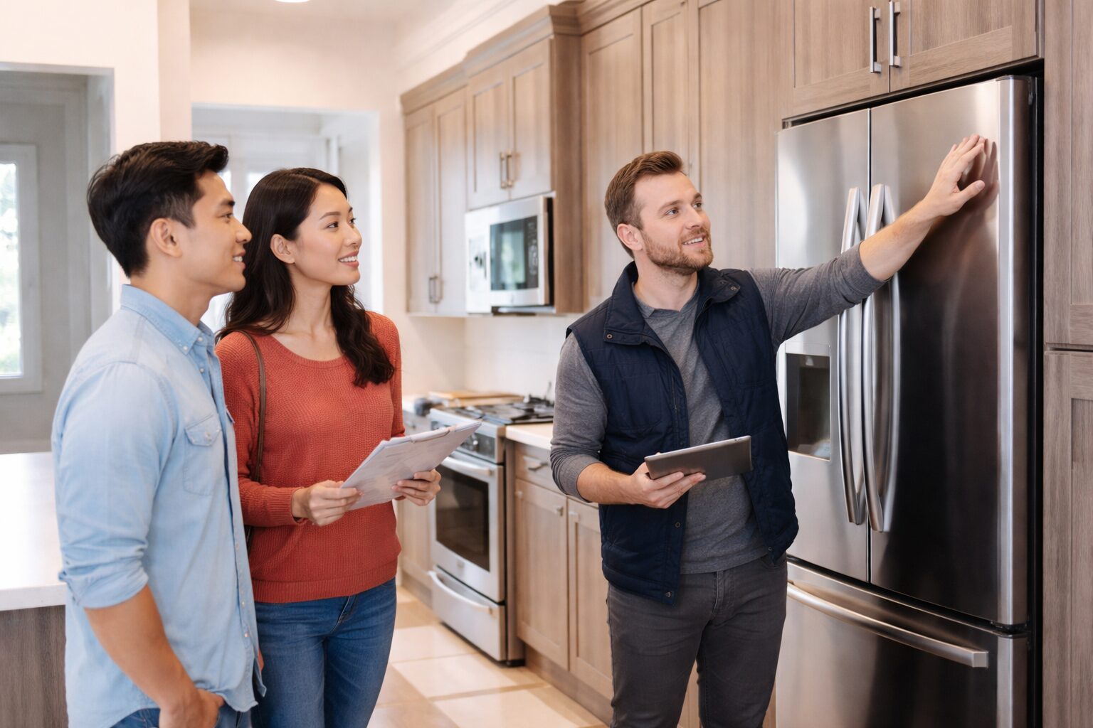 Asian couple discussing warranty options with an appliance sales associate in a modern showroom with kitchen appliances