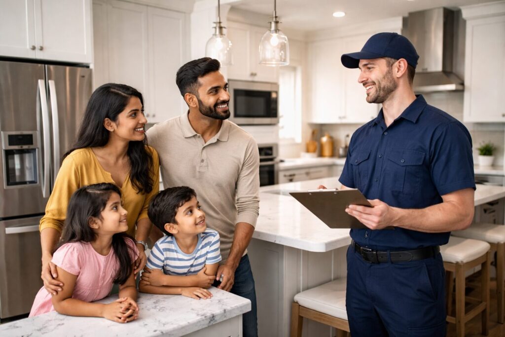 Brown family examining modern kitchen appliances with a sales associate in a bright appliance showroom