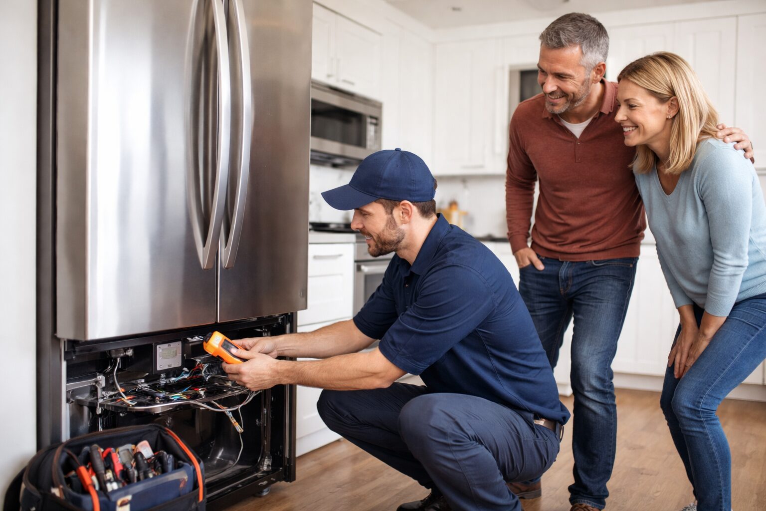 Appliance technician inspecting a modern kitchen stove while a homeowner watches and discusses repair options