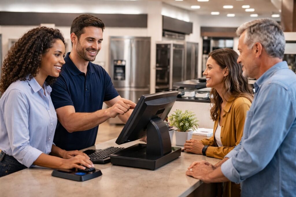 A middle-aged couple discussing appliance warranty options with a sales associate in a modern appliance showroom