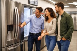 couple examining a refurbished refrigerator in a modern appliance showroom with a sales associate nearby